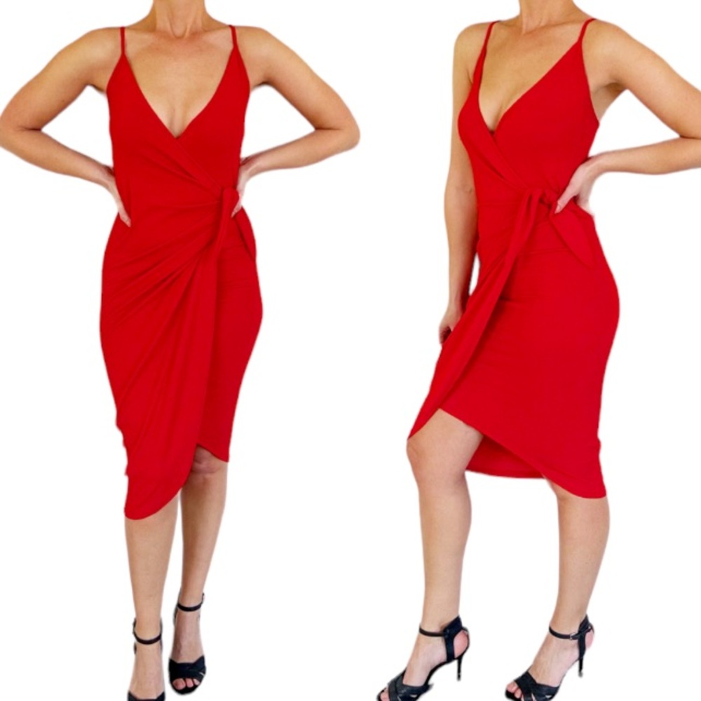 H&M bright red spaghetti strap surplice faux wrap tie waist dress size XS